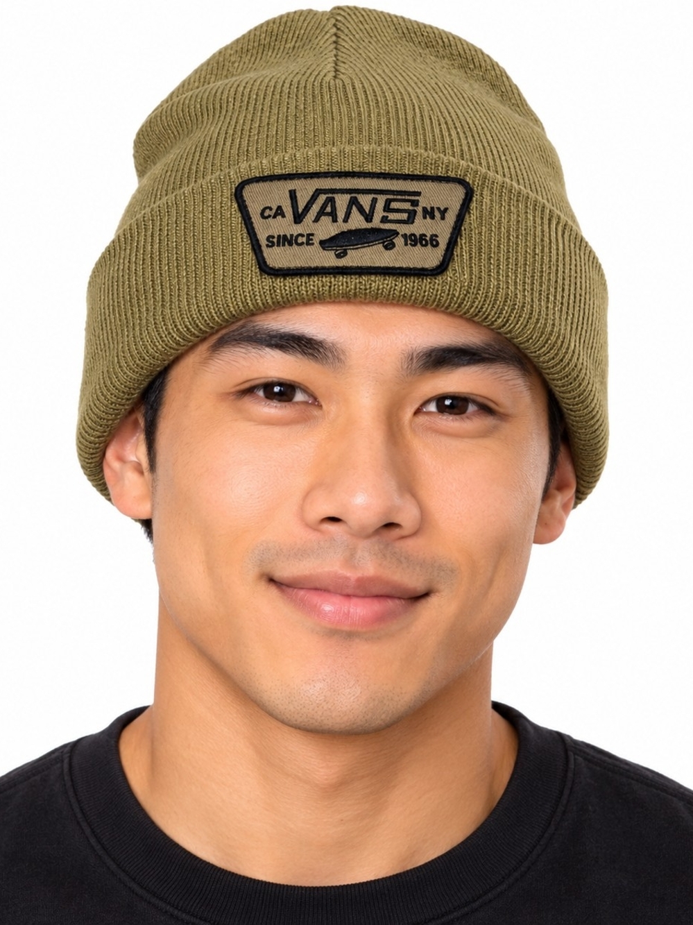VANS Olive Green and Black Knit Beanie Skull Cap with Logo Patch - Size OS NWT